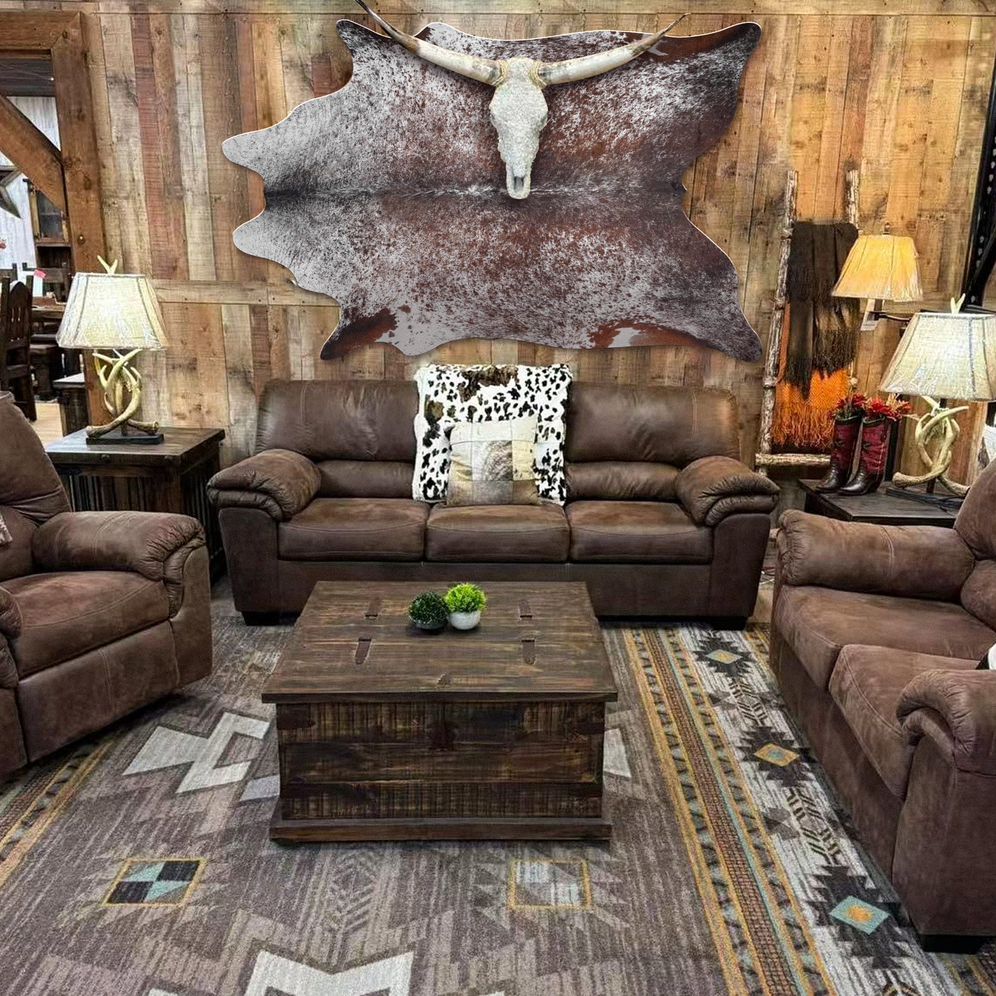 Faux cowhide rug mounted on a wall as rustic art