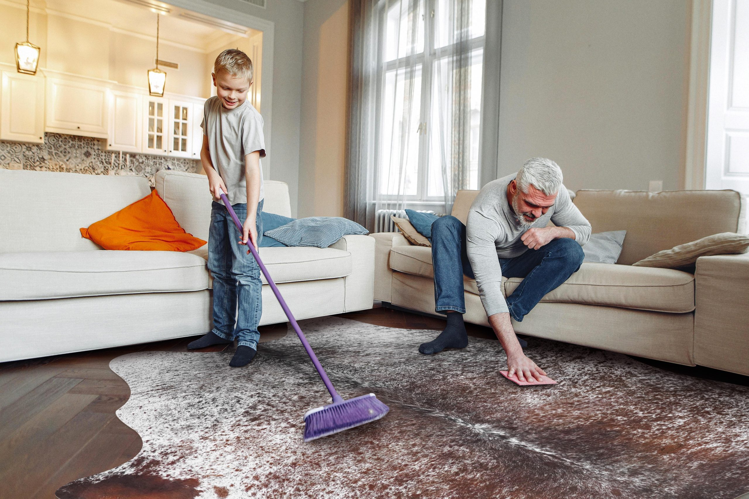 Cleaning faux cowhide rug with soft cloth and mild soap