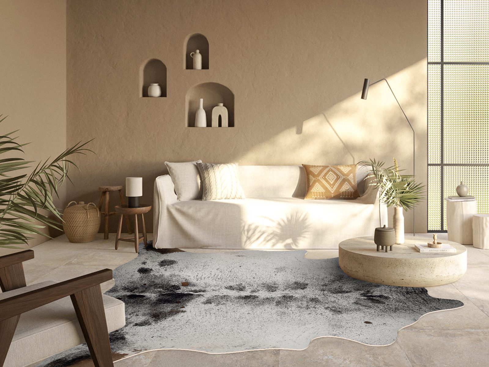 Faux cowhide rug adding texture to an outdoor patio