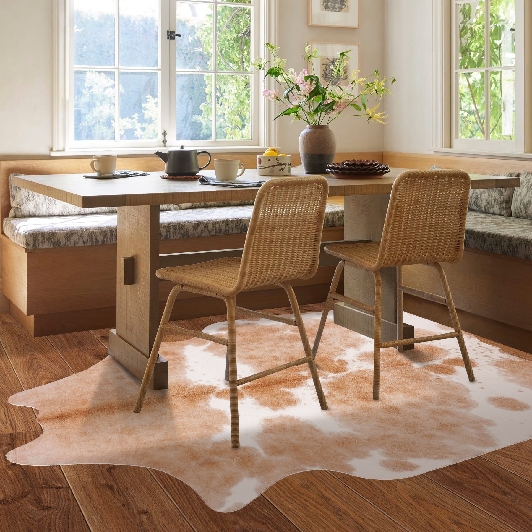 Faux cowhide rug draped on a dining table as a textured runner