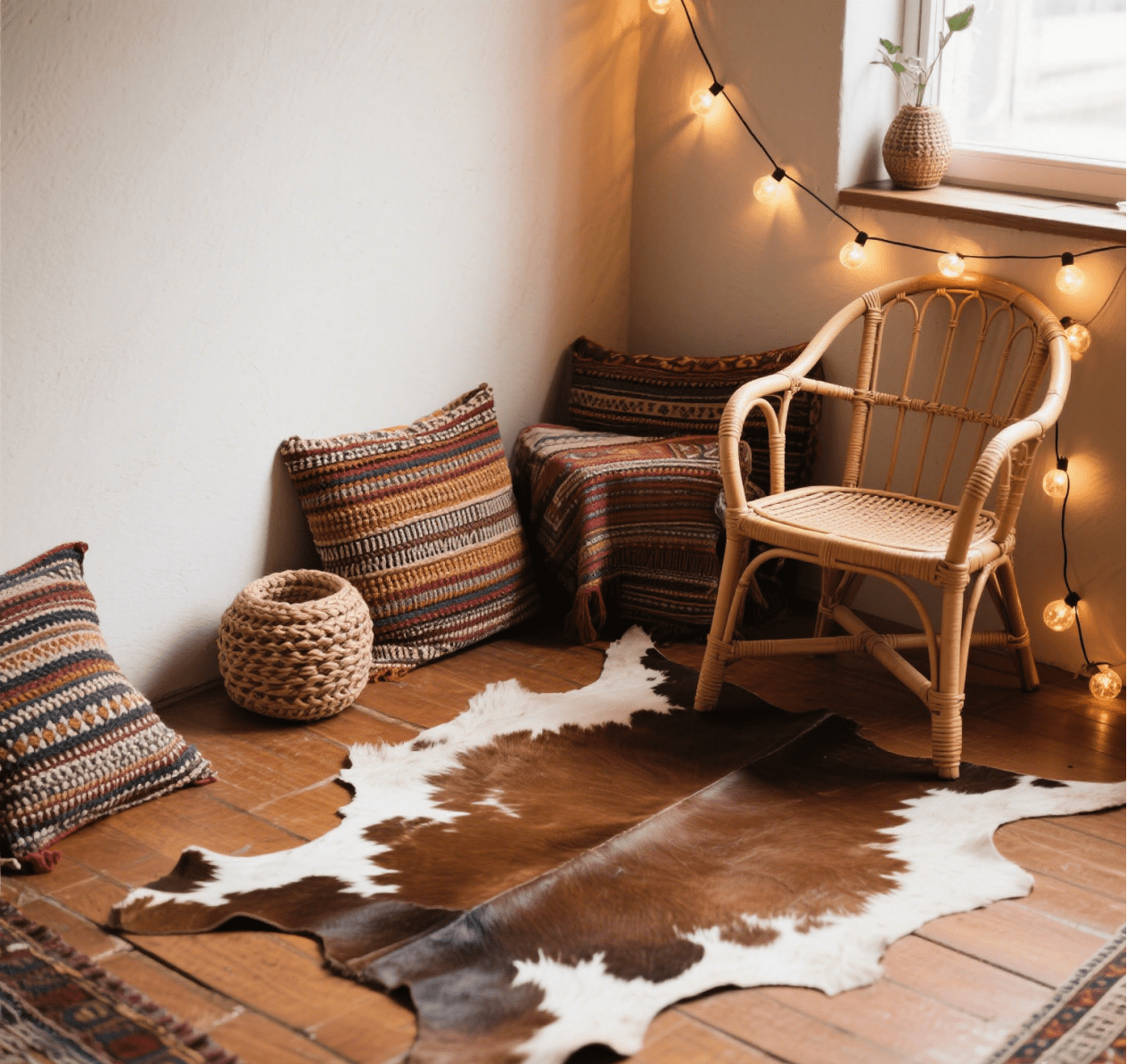 Bohemian Style Cowhide Rug in Bedroom