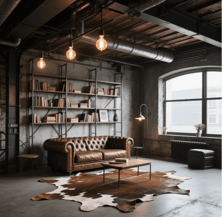 Industrial Decor with Cowhide Rug Accent