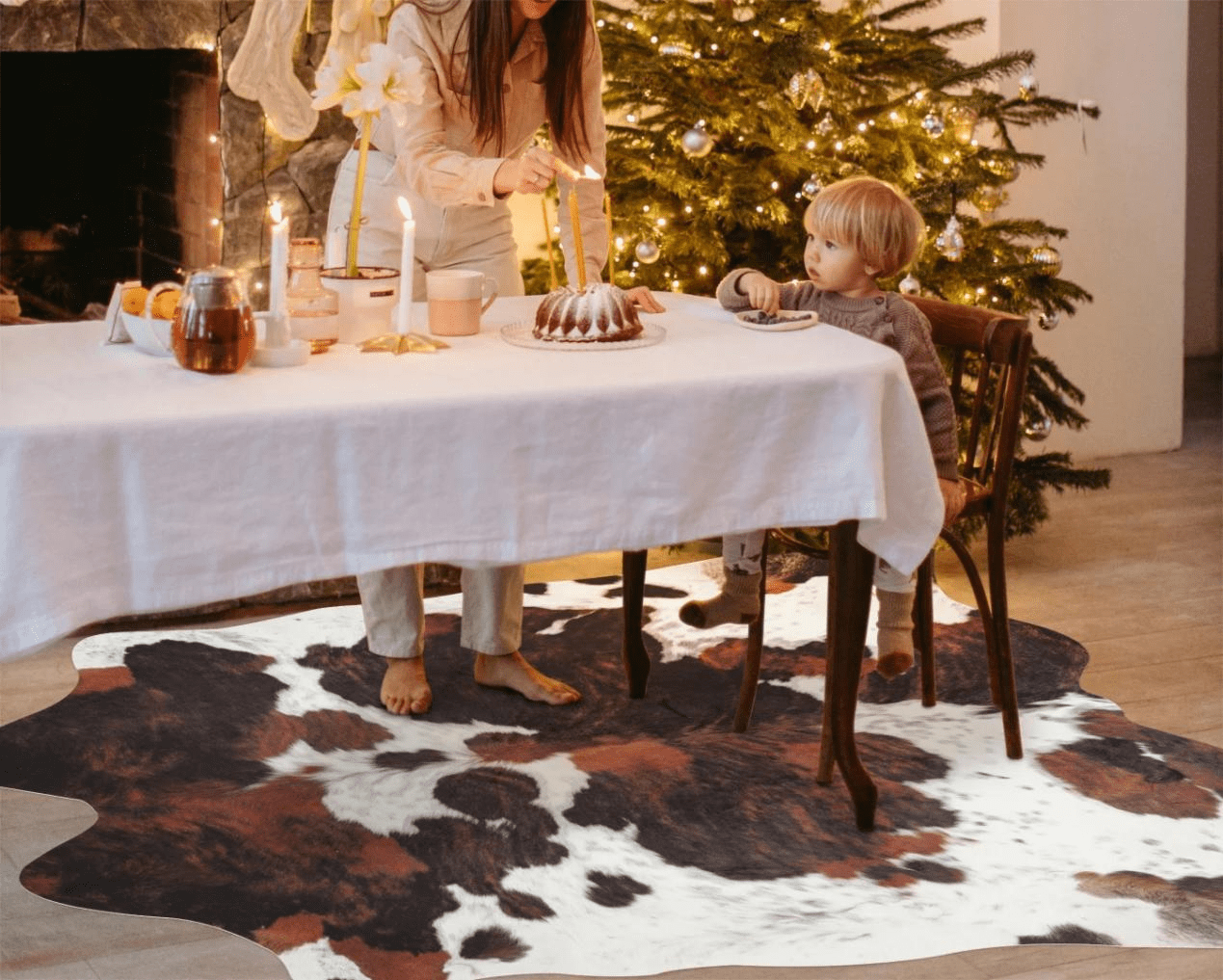 Faux cowhide rug used as a backdrop for styled photography