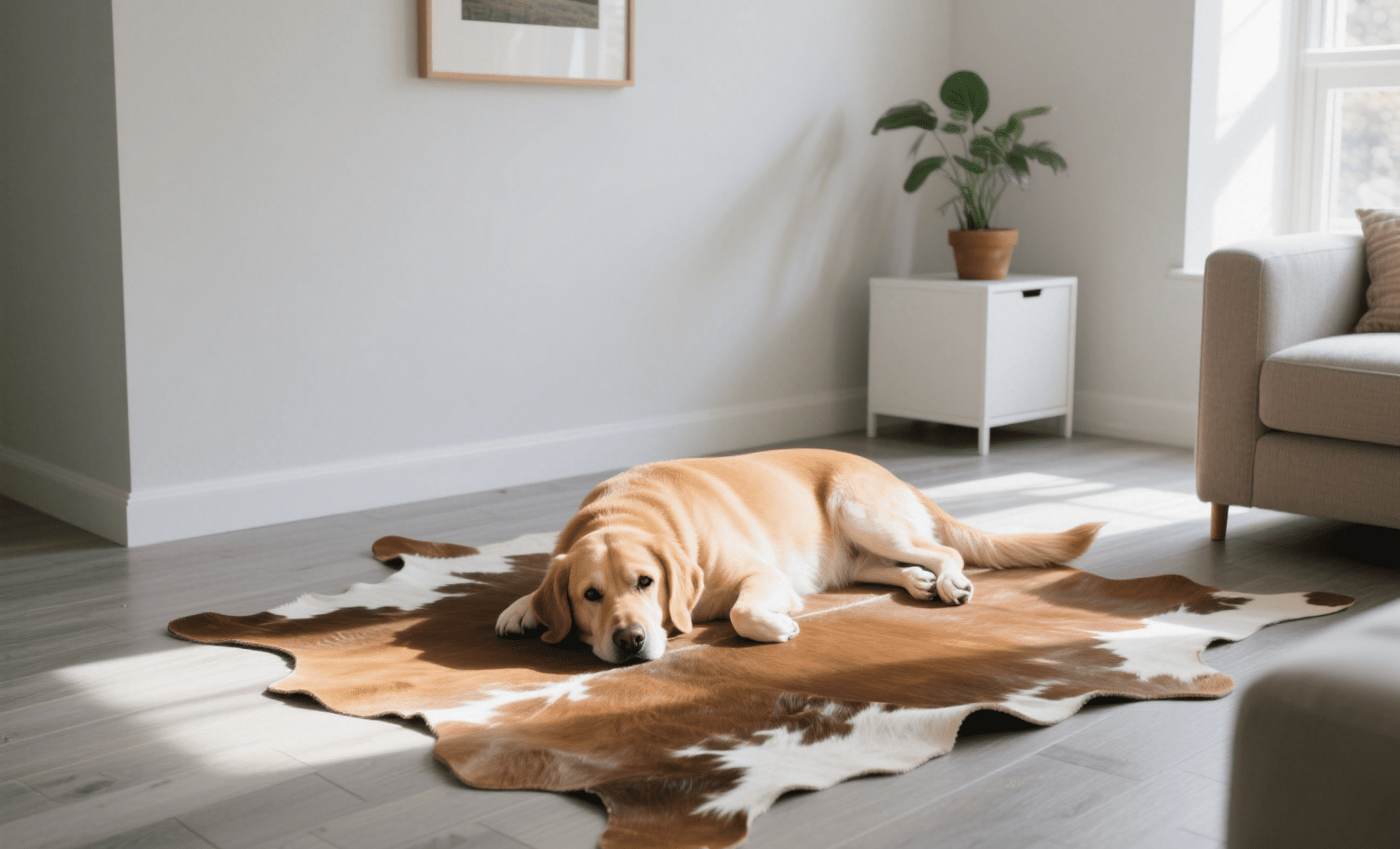 Faux cowhide rug as a pet lounging mat