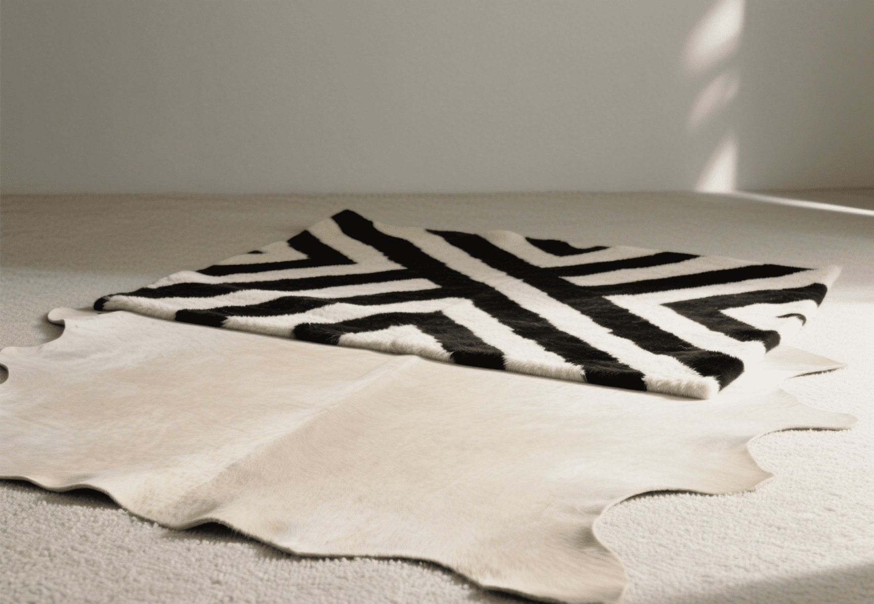 Modern boho-style living room with personalized cowhide rug