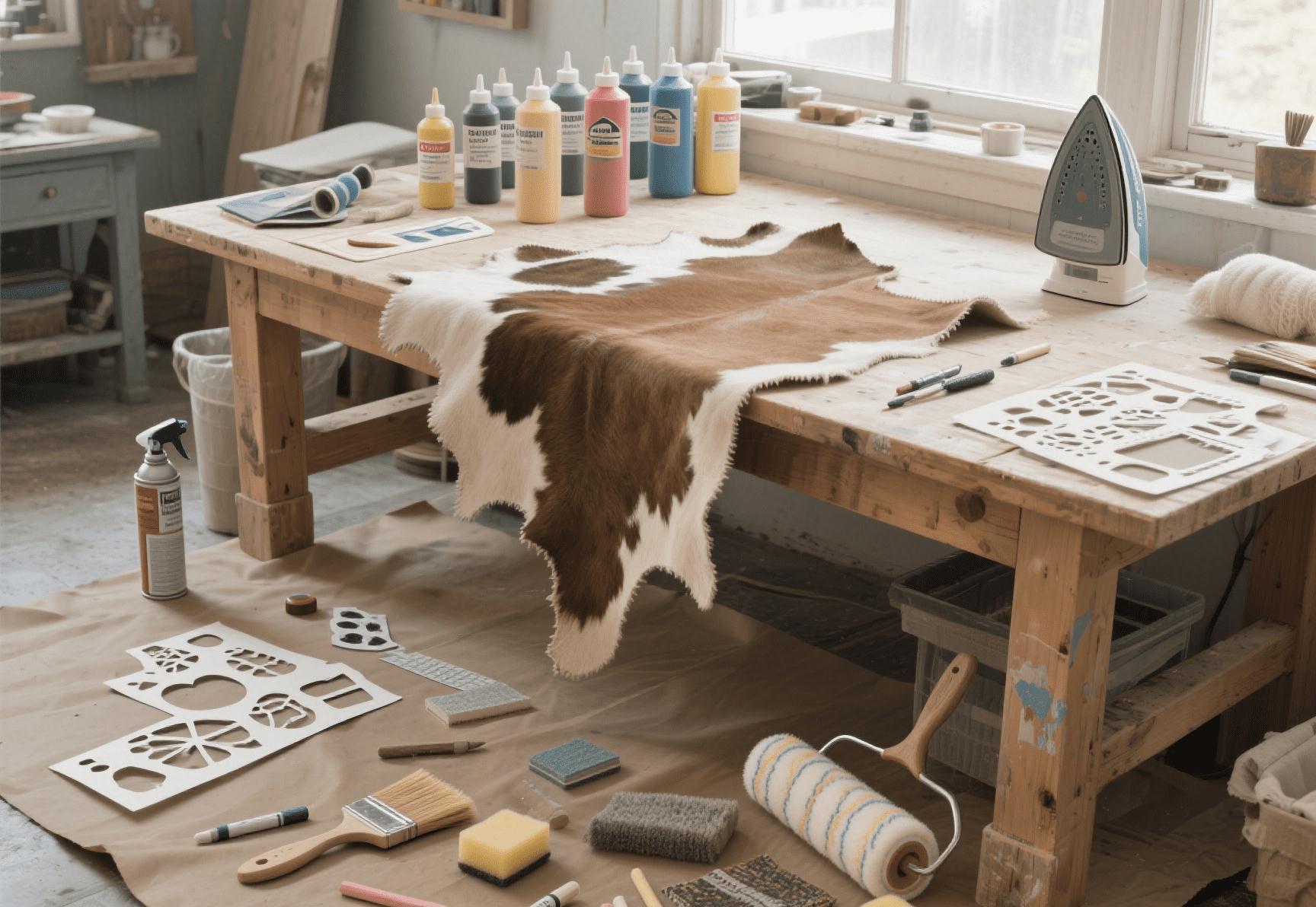 Modern boho-style living room with personalized cowhide rug