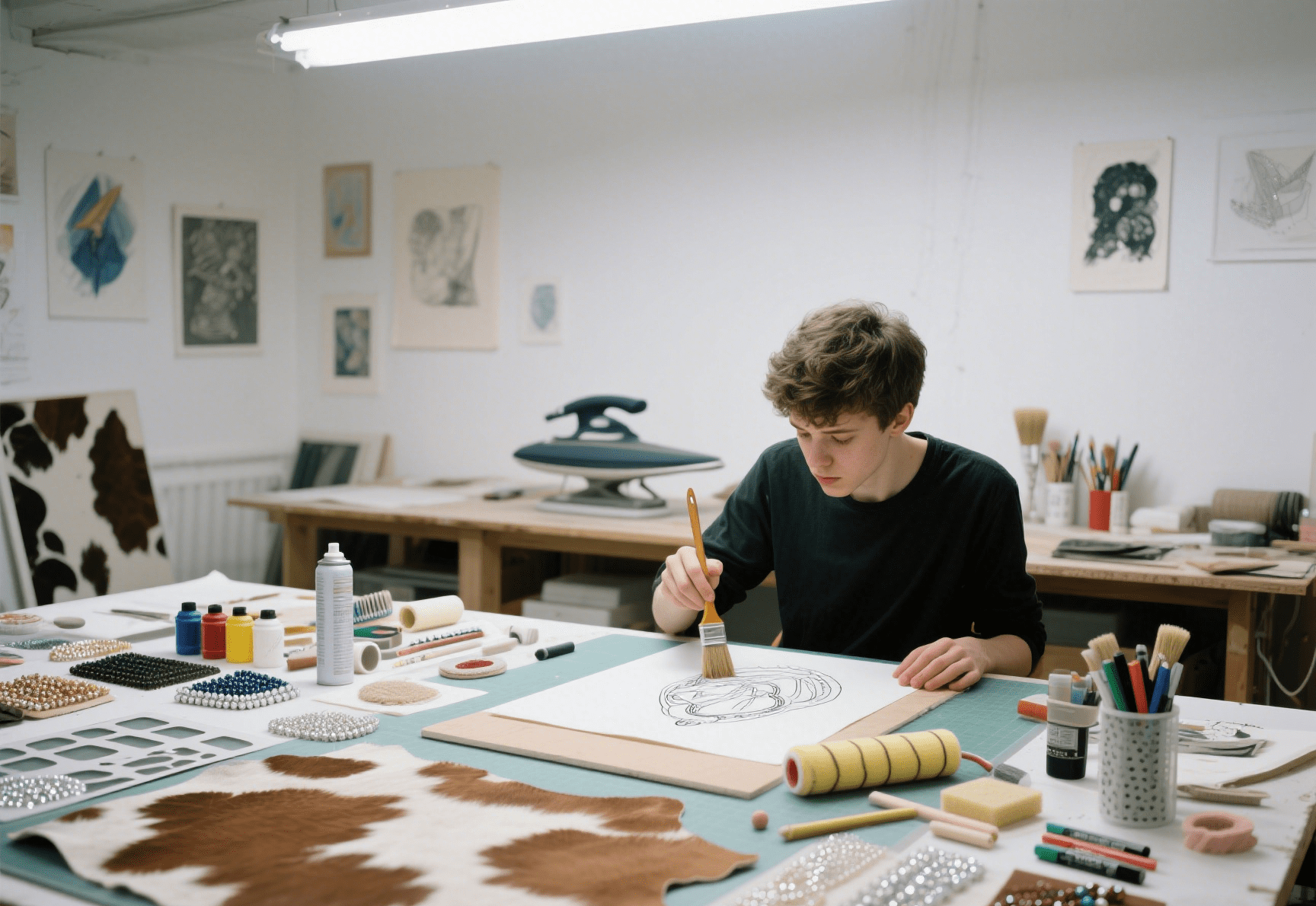 DIY painting on a faux cowhide rug at home