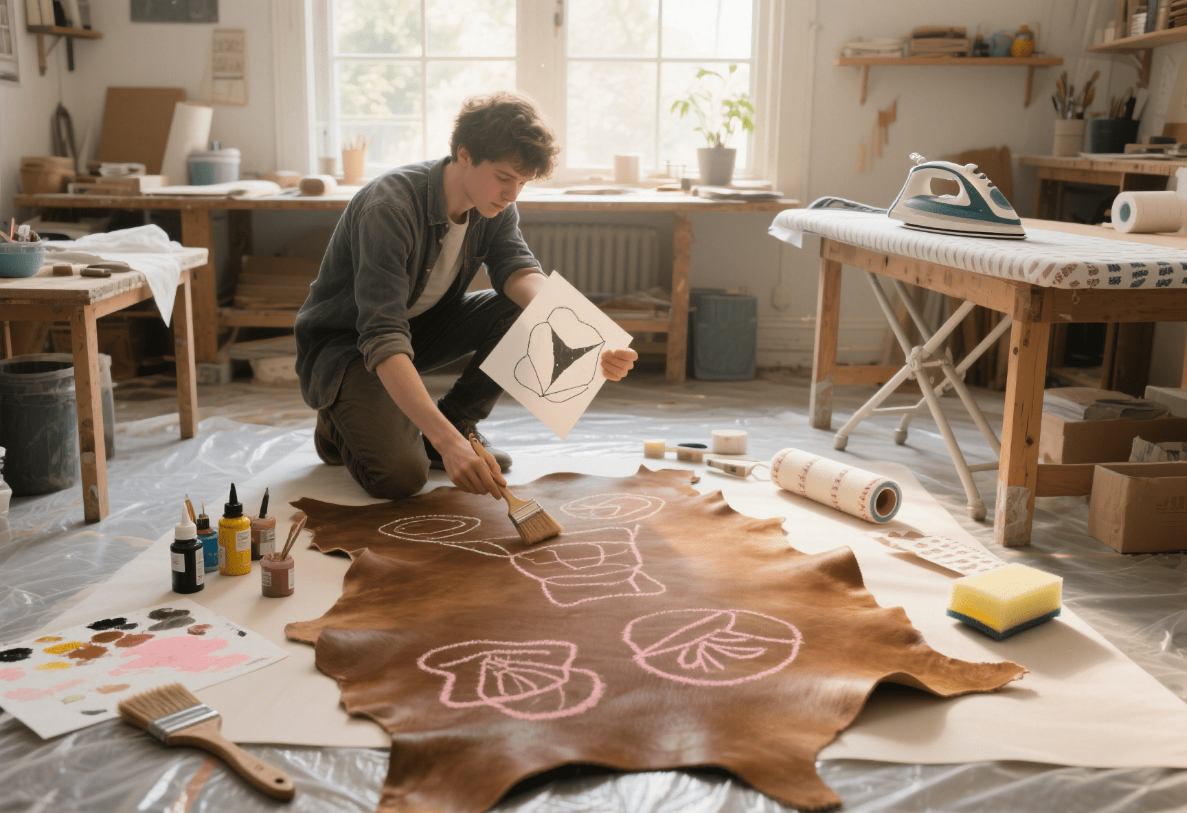 DIY painting on a faux cowhide rug at home