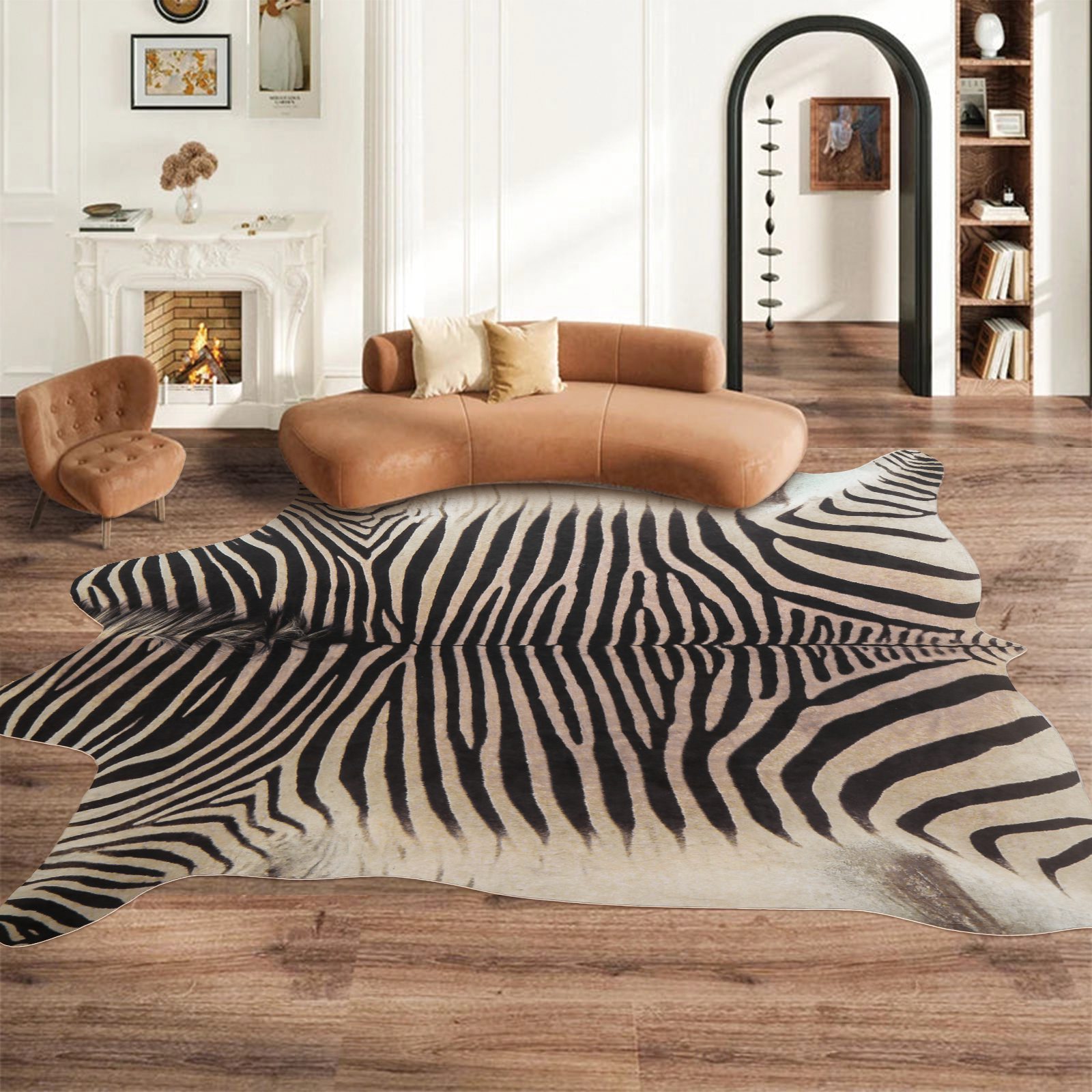 faux zebra cowhide rug with natural wood furniture