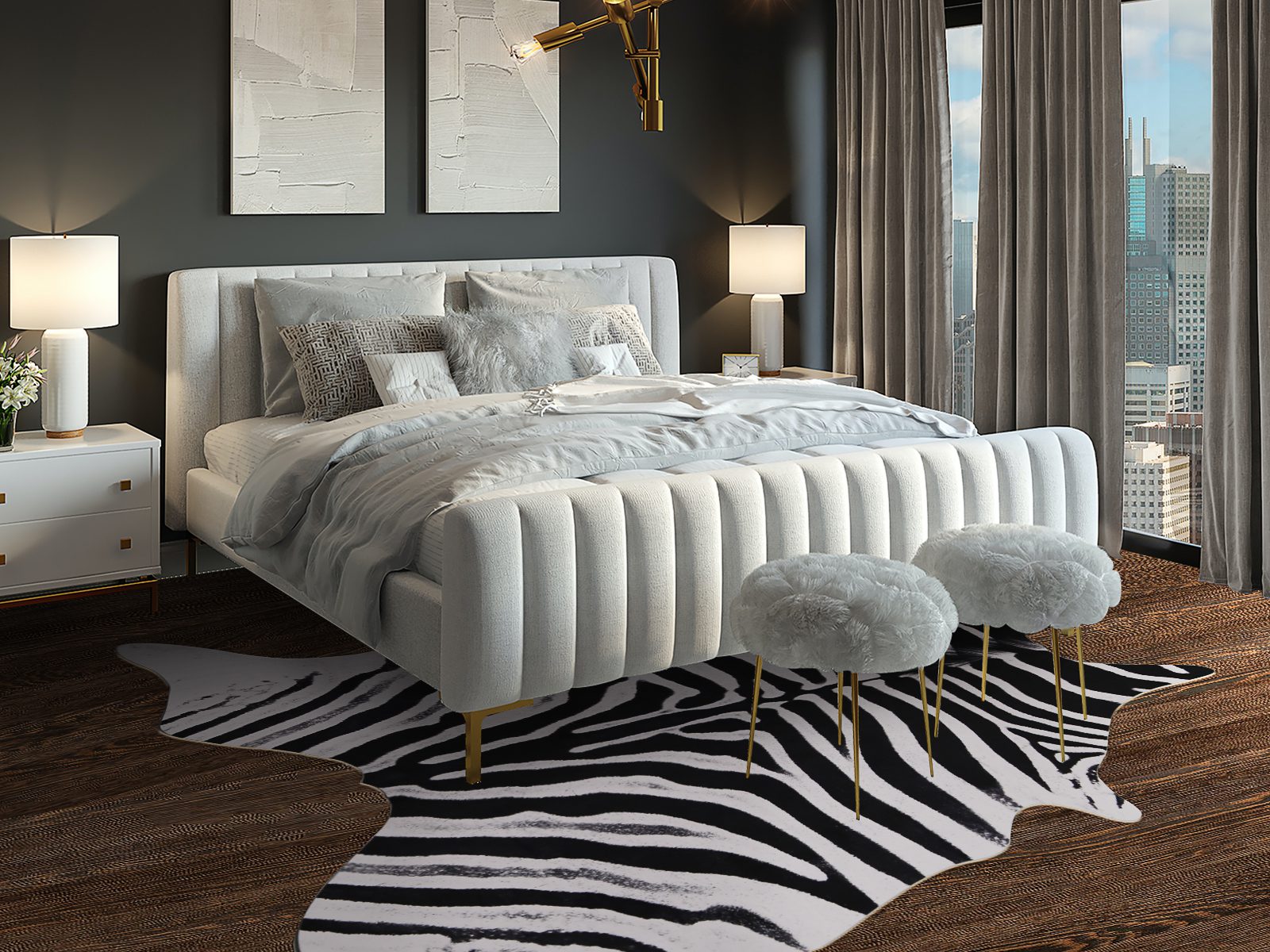cozy bedroom with zebra cowhide rug and tribal decor