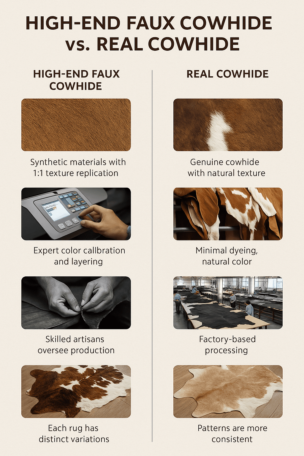 Premium Faux Cowhide Rug Texture Close-Up with 1:1 Replication Technology