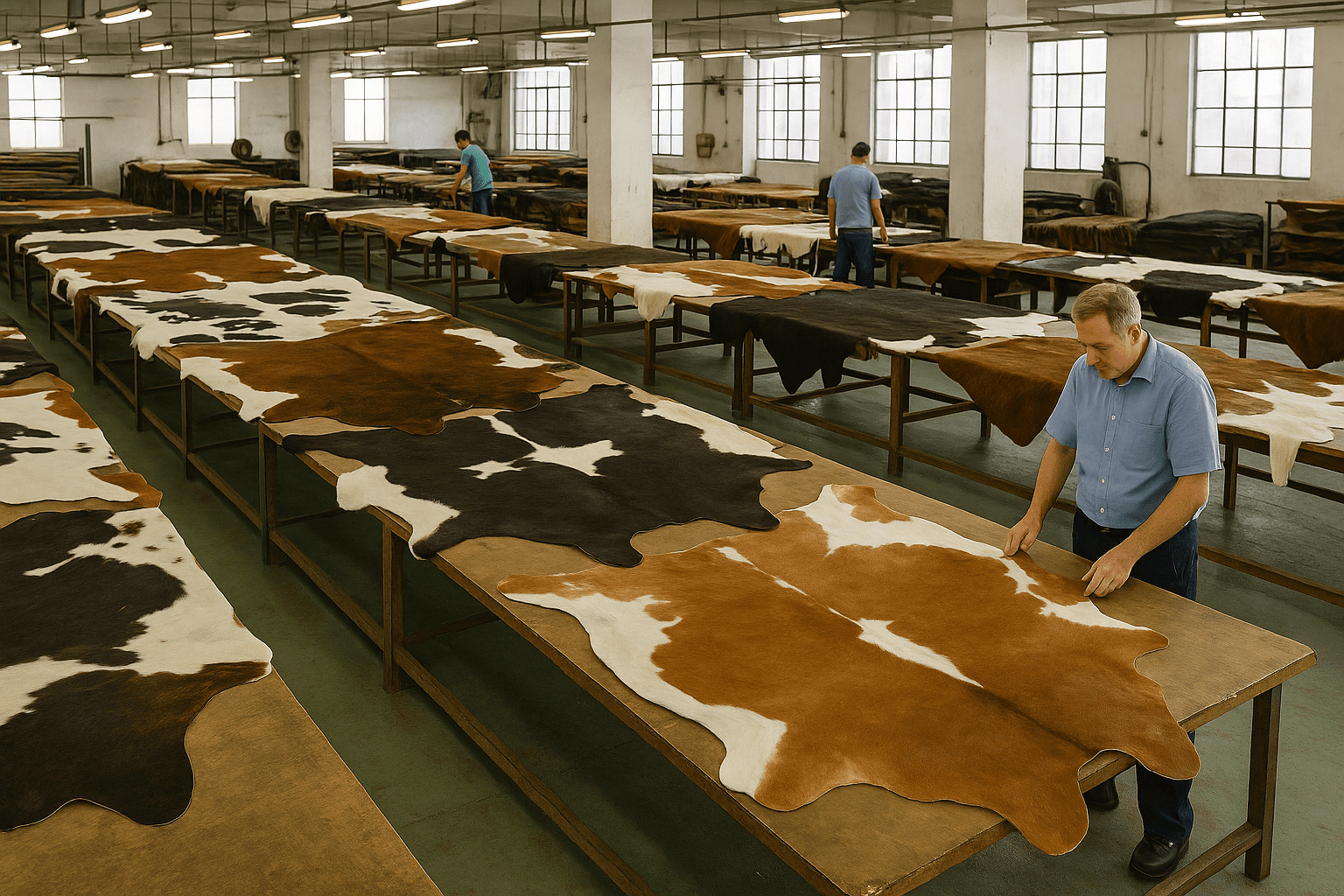 Technician adjusting dye settings for faux cowhide color calibration