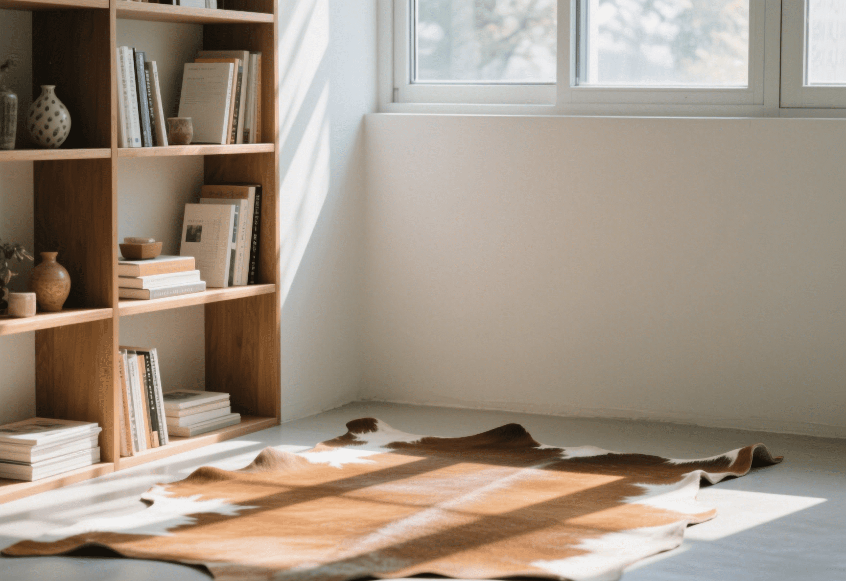 Close-up of faux cowhide rug texture under sunlight