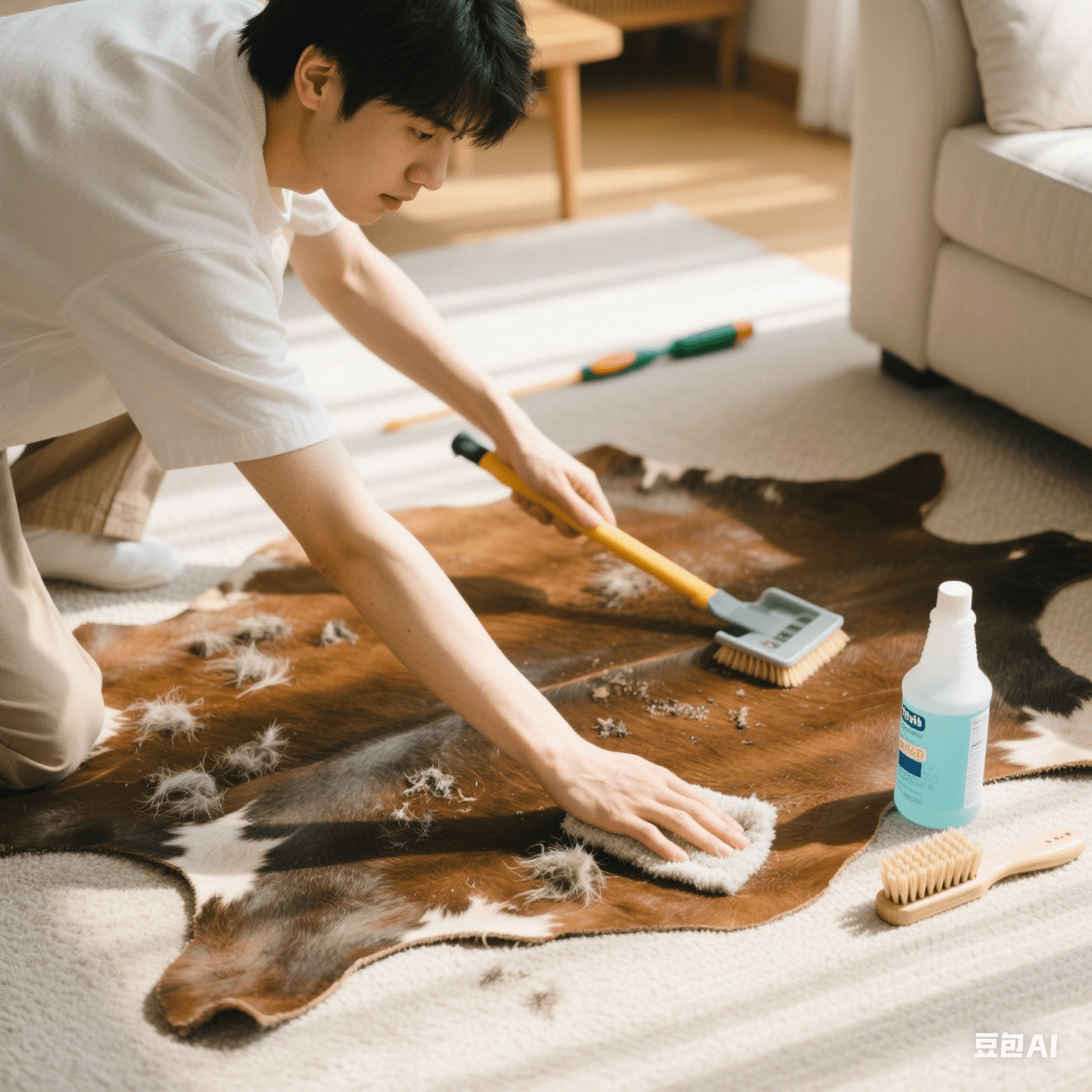 Gently wiping a faux cow hide rug with a microfiber cloth during spring cleaning