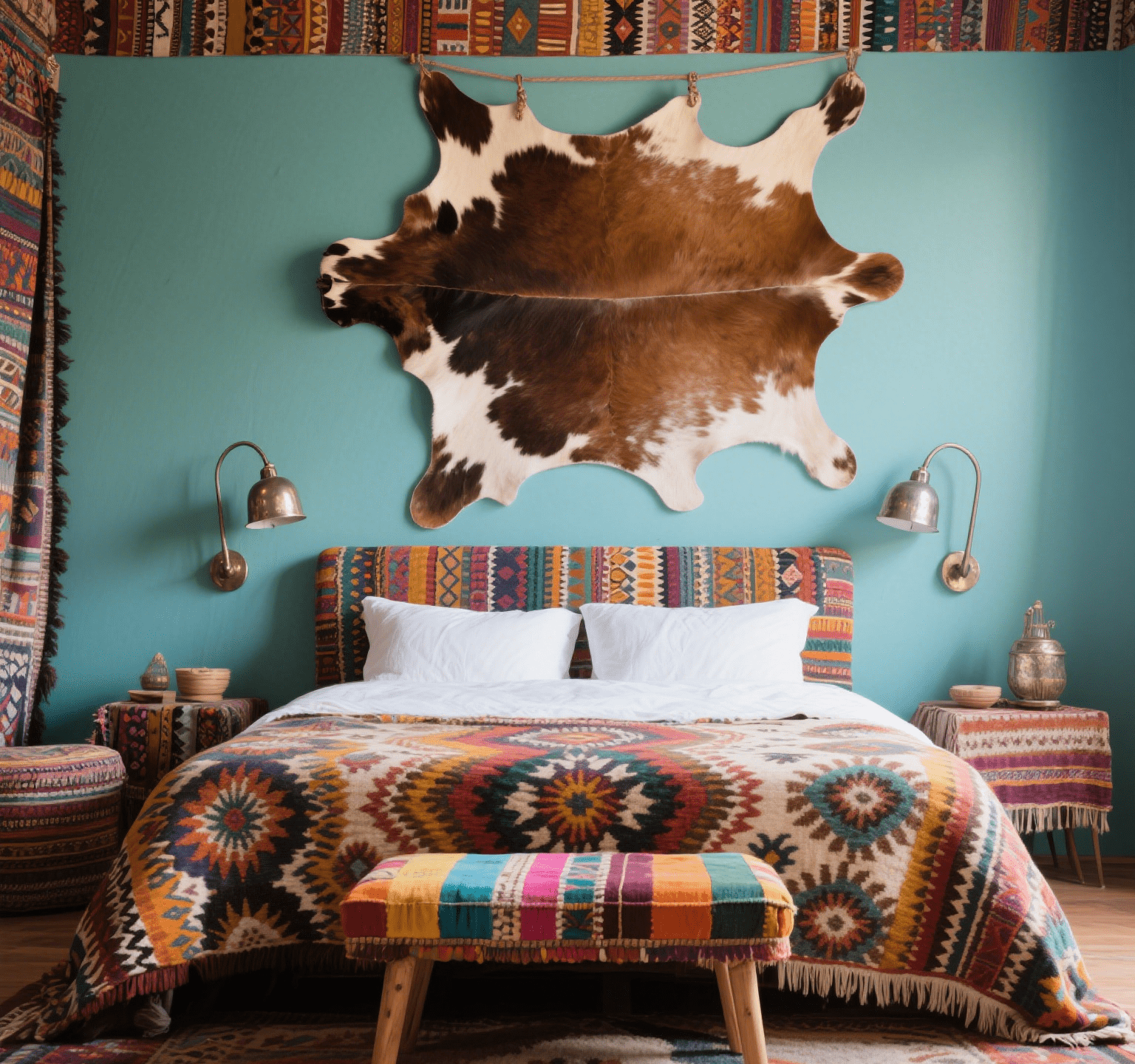 Unconventional cowhide rug under colorful ottoman