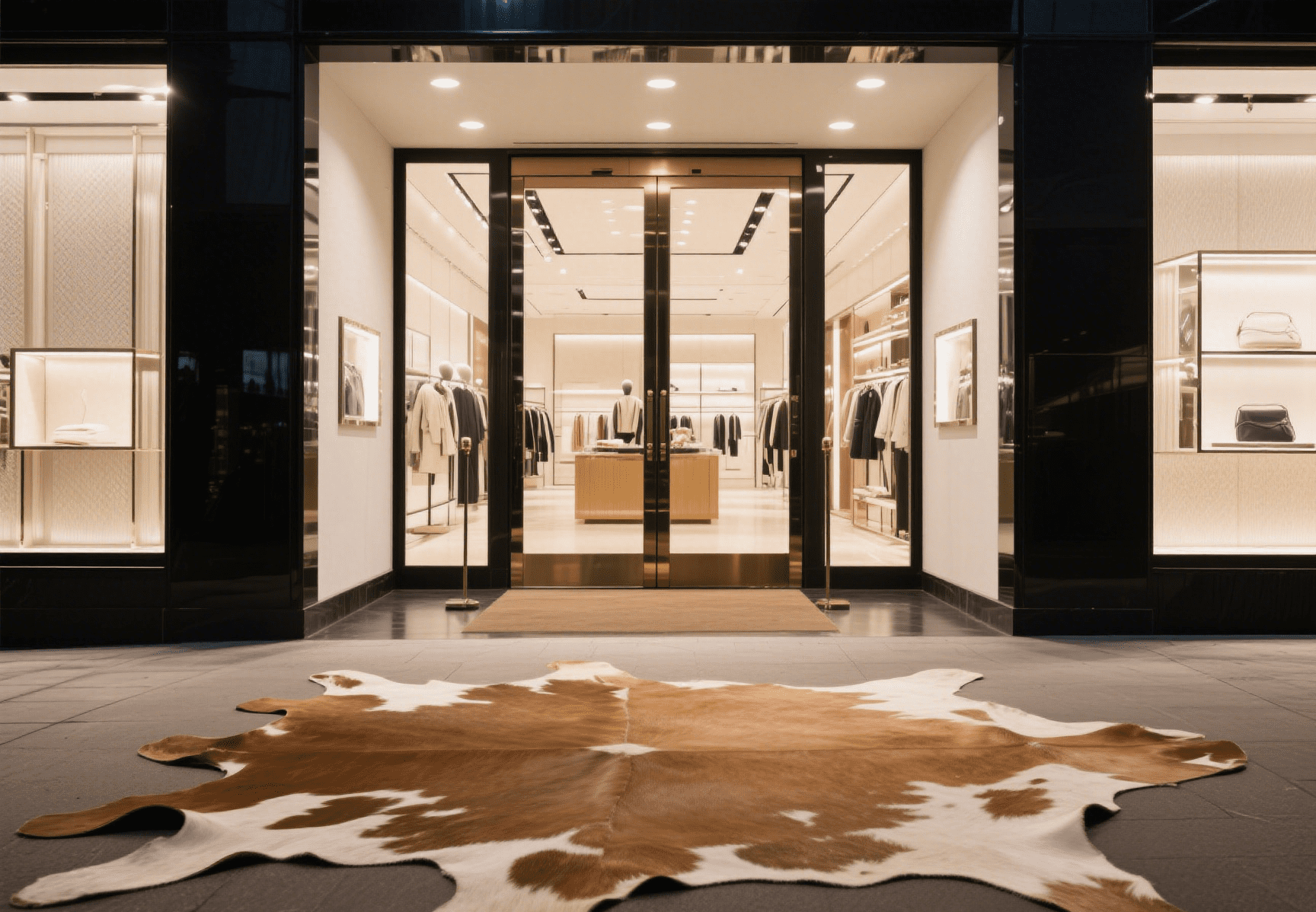 Retail store display area with faux cowhide rug highlighting featured products and guiding customer flow