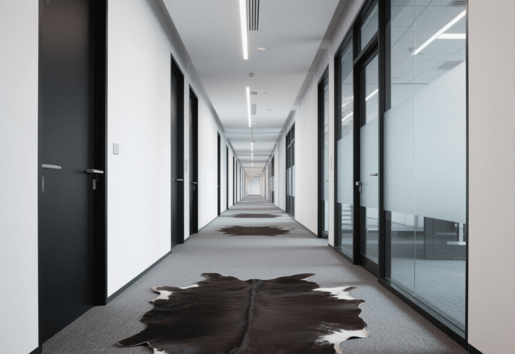 Modern office reception area with large faux cowhide rug enhancing professional ambiance
