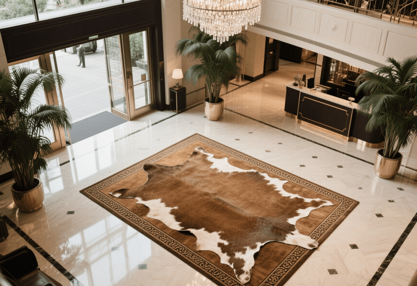 Luxury hotel lobby featuring a large faux cowhide rug paired with marble flooring for elegant contrast