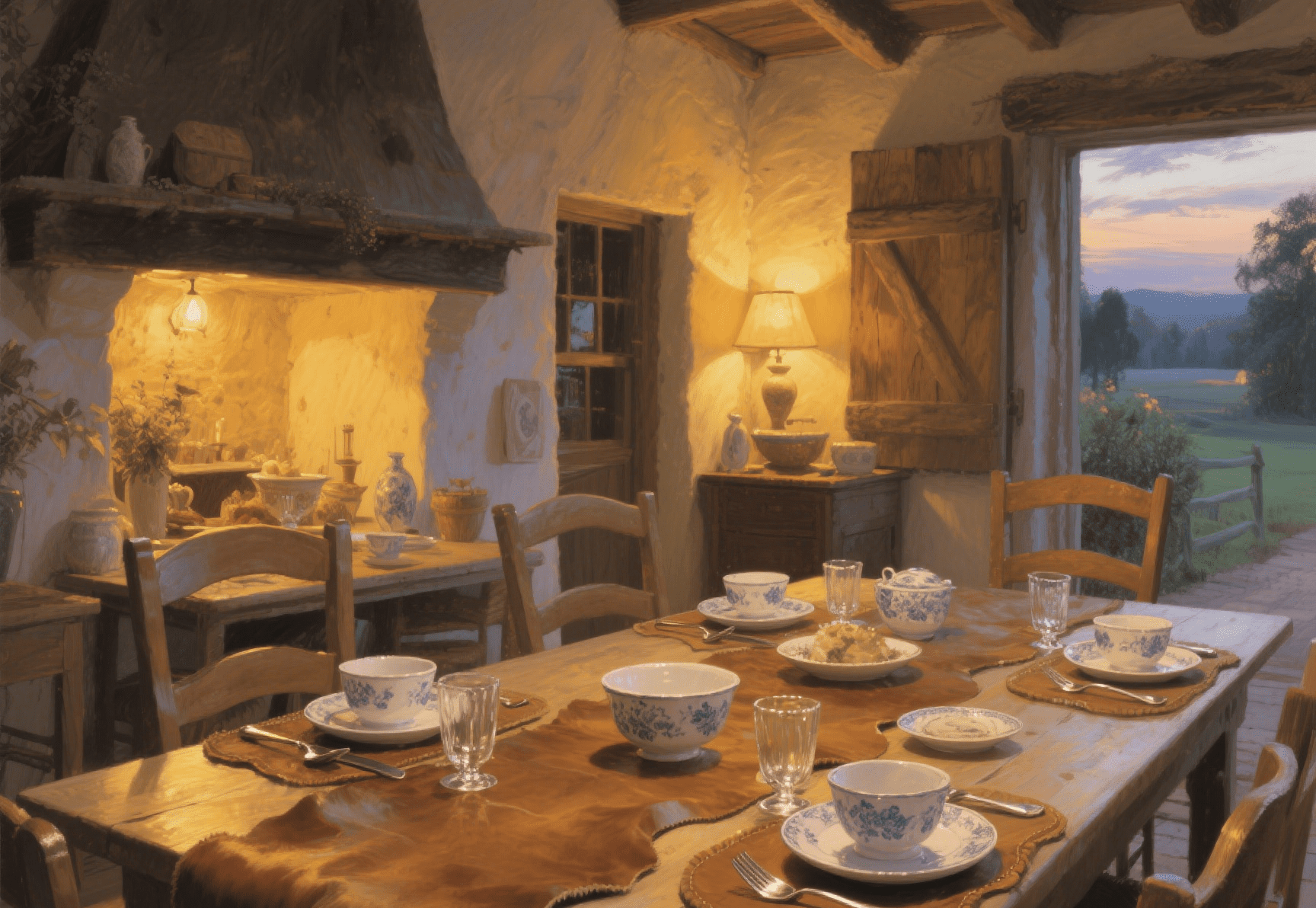 cowhide placemats on rustic wooden table with ceramic plates and vintage cutlery