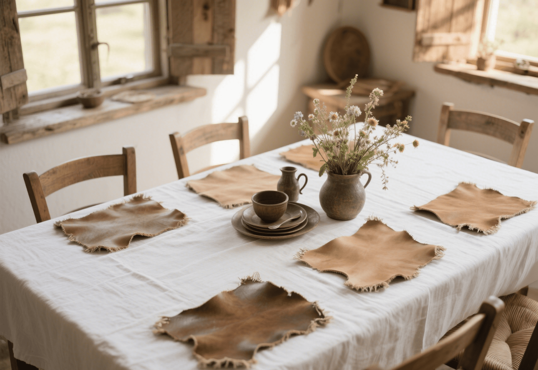 cowhide placemats on a farmhouse dining table