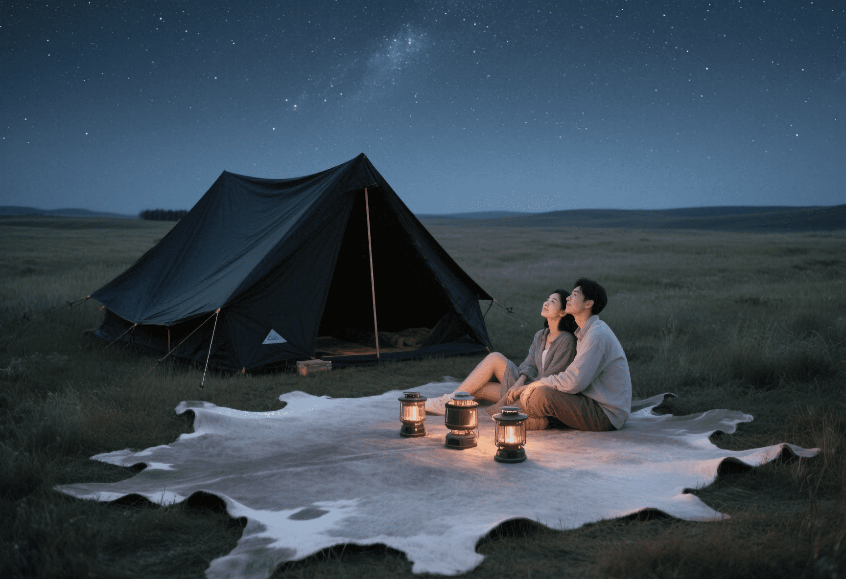 waterproof faux cowhide rug spread under a luxury glamping tent