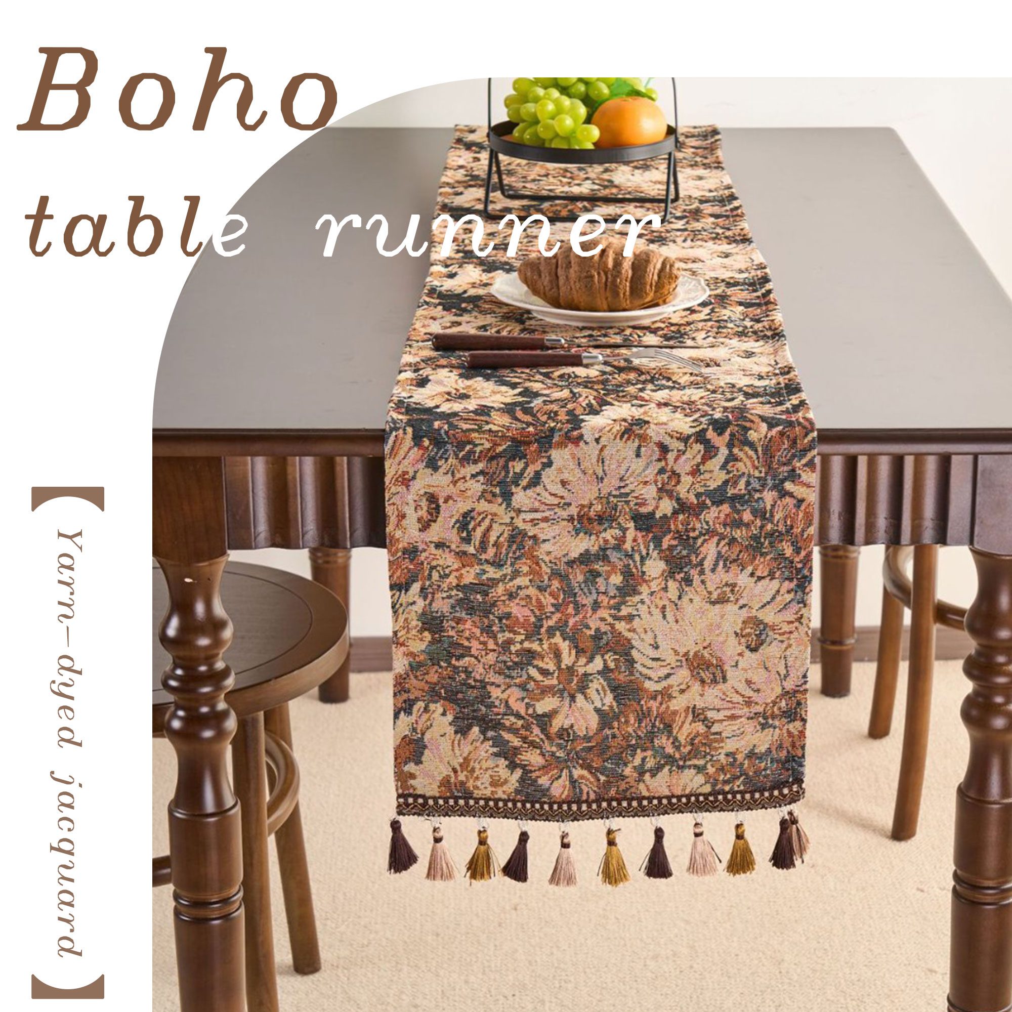 Bohemian table runner on a wooden dining table with rustic chairs and plants.