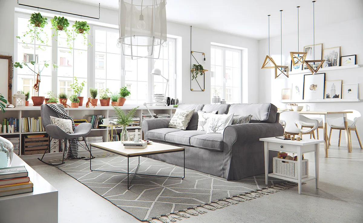 Neutral-toned Scandinavian living space with soft textures, minimal decor