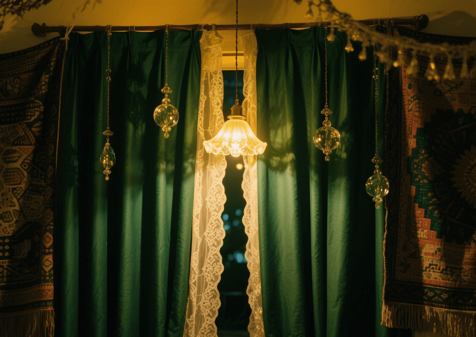 $50 decor hack with a table lamp and green curtains in a cozy living room