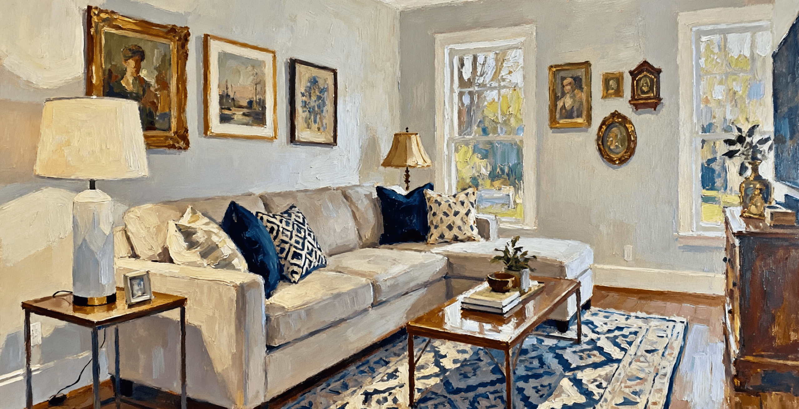 A cozy bedroom showcasing affordable home decor with a faux cowhide rug and vintage items from a thrift store.