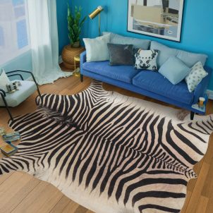 Yellow zebra print faux cowhide rug