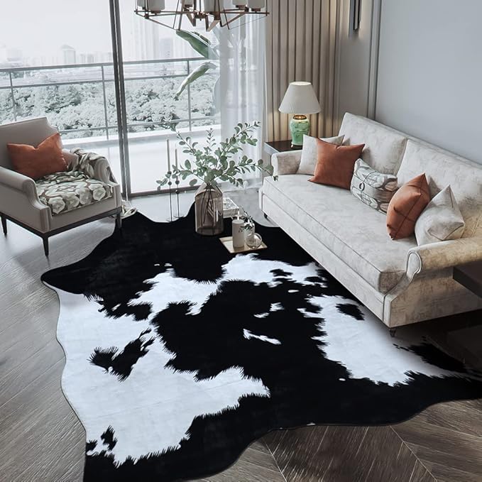 Faux cowhide rug paired with slow living elements like books, plants, and linen cushions