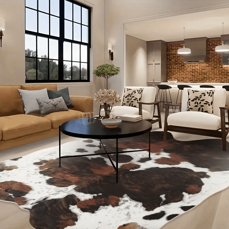 Small faux cowhide rug under a study desk, contrasting with wooden furniture and metal lamps for modern aesthetic