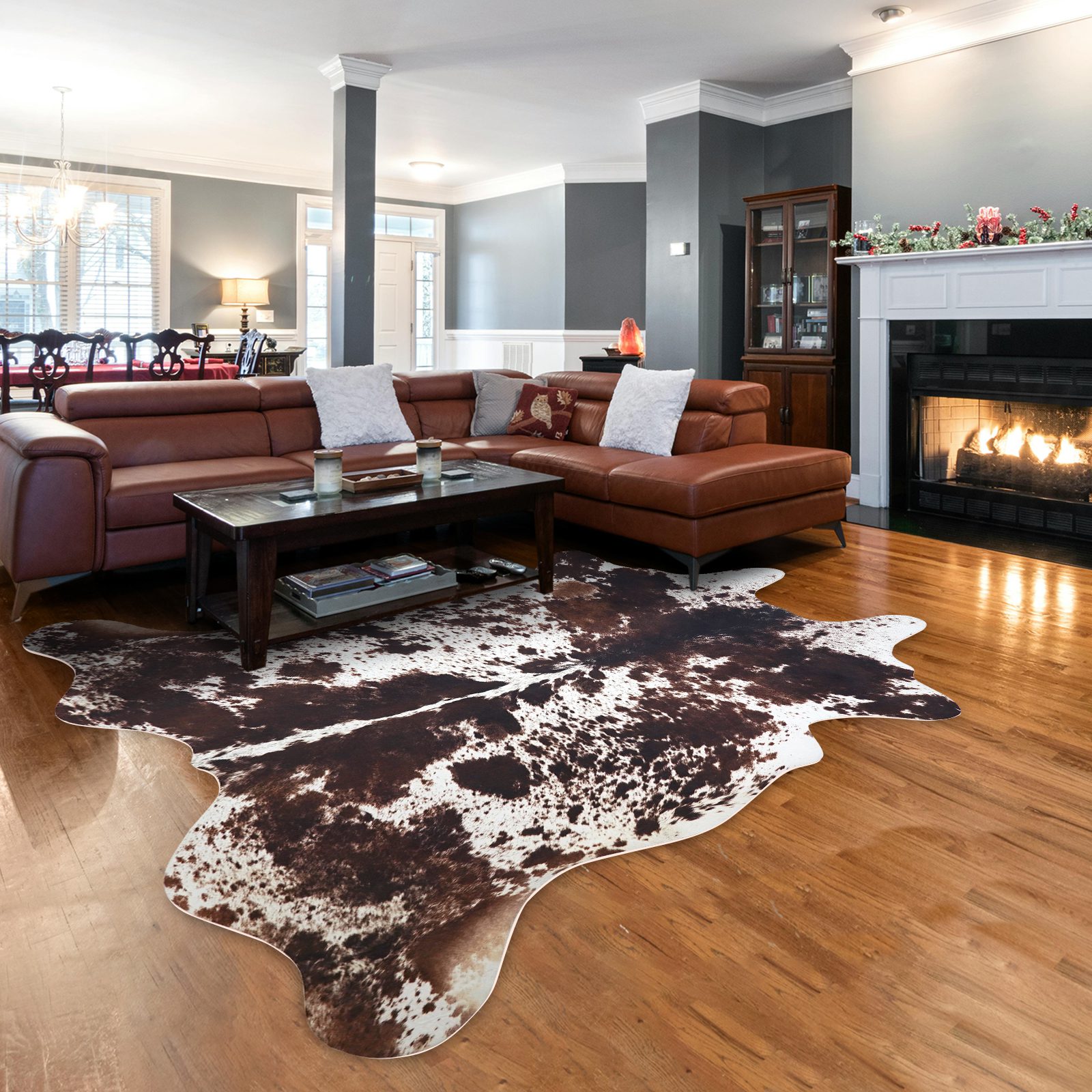 Vintage-style living room with a faux cowhide rug