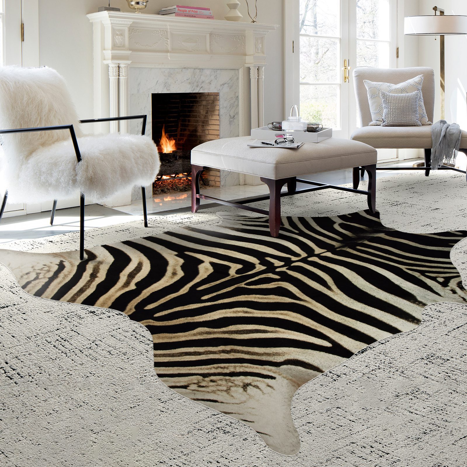 Yellow zebra print faux cowhide rug