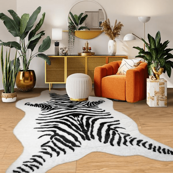 Modern Living Room with Zebra Print Faux Cowhide Rug