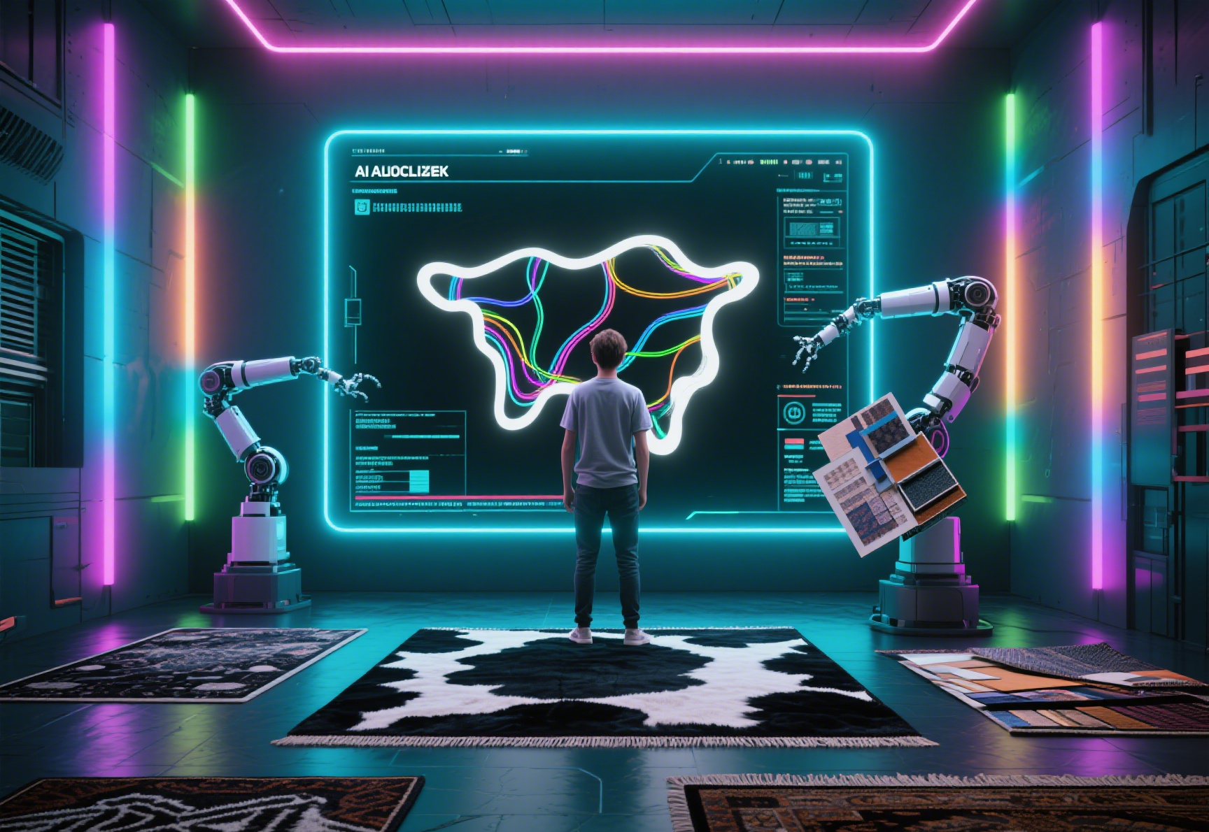 Close-up of tech-inspired faux cowhide rug with custom patterns