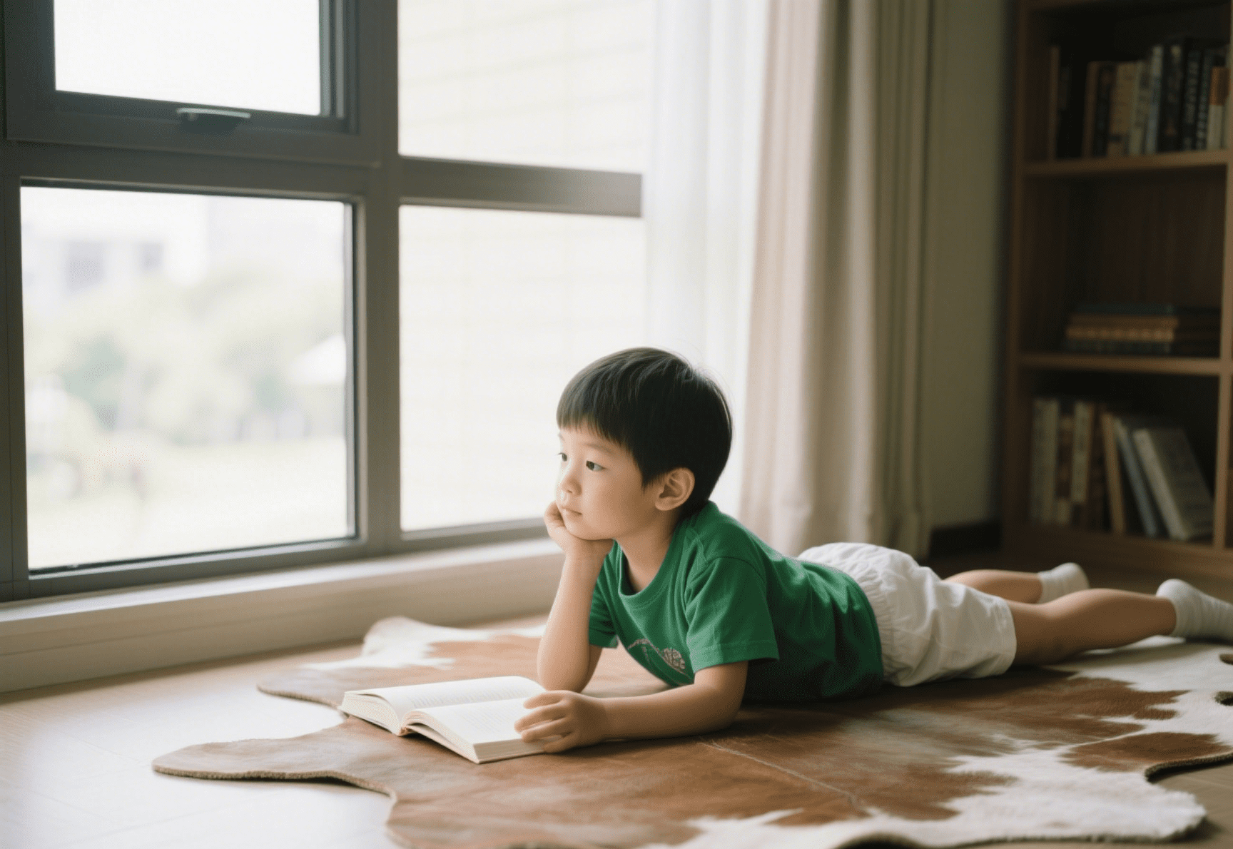 Durable faux cowhide rug under a kid’s study area