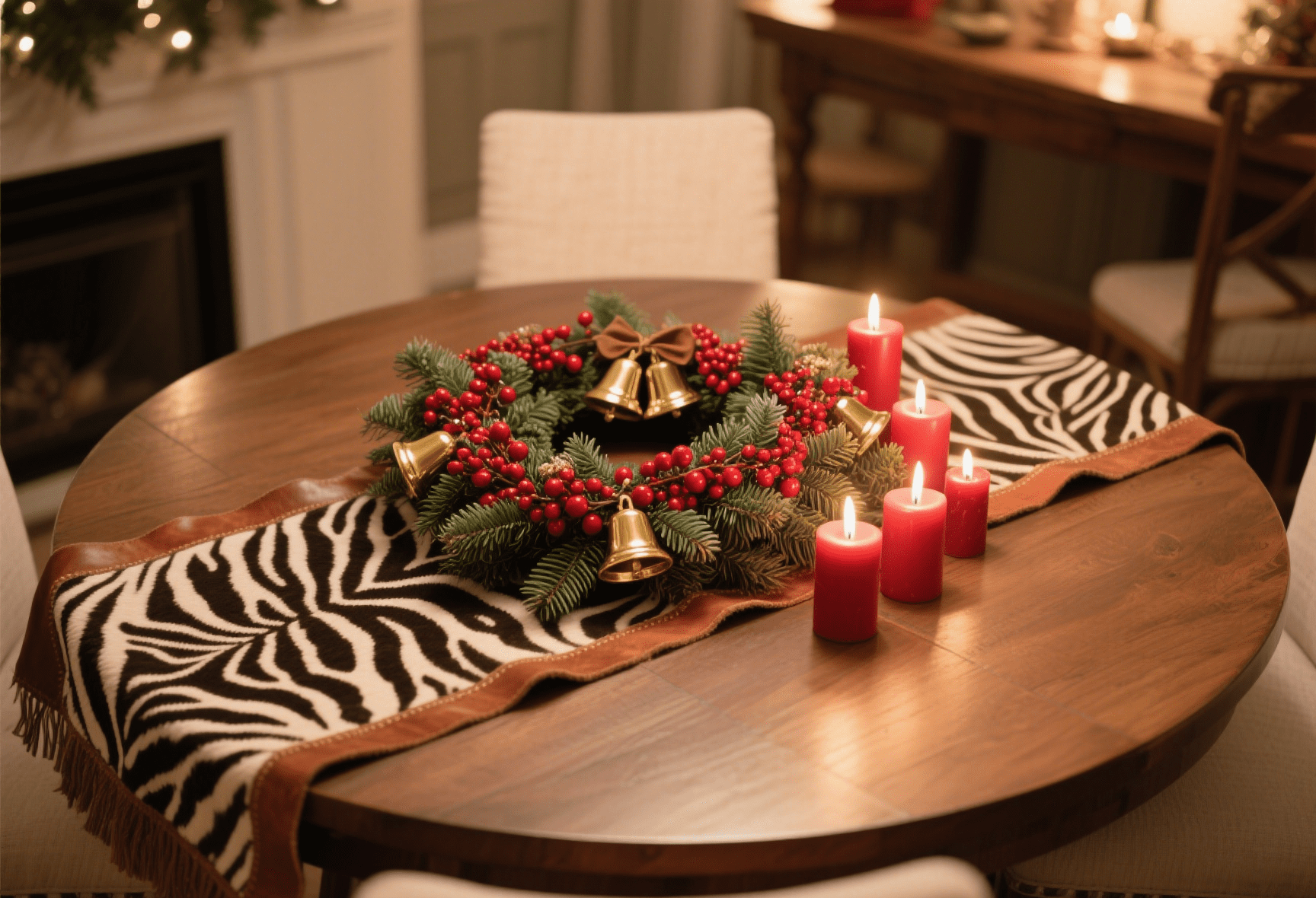 rustic holiday table with faux cowhide accents