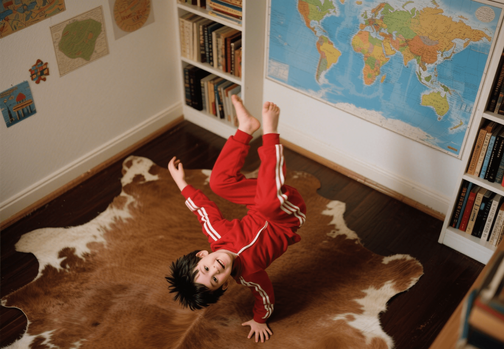 Durable faux cowhide rug under a kid’s study area