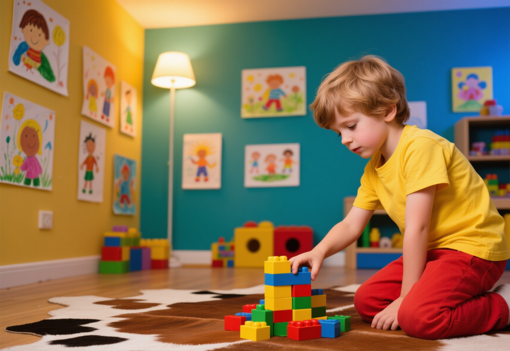 Child-friendly faux cowhide rug for play zone