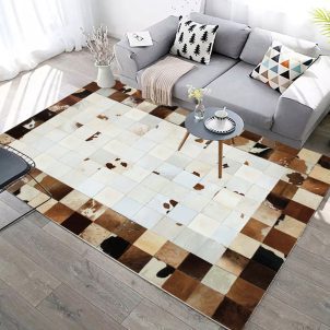Patchwork Faux Cowhide Rug,Patchwork Rectangular Carpet Western Decor Brown Cow Print Rug For Living Room,Bedroom Square Designs
