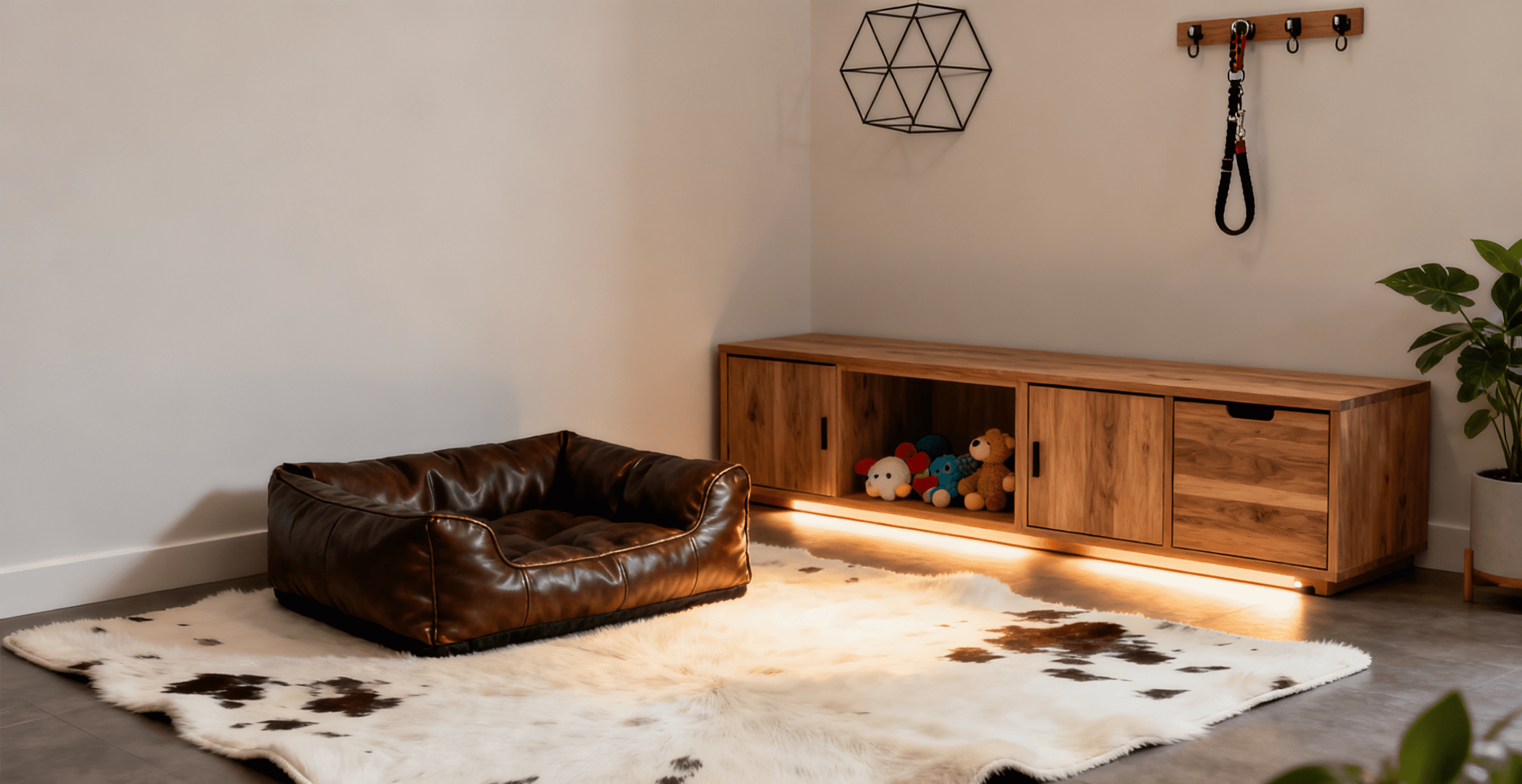 Stylish faux cowhide rug used as centerpiece in pet rooms décor