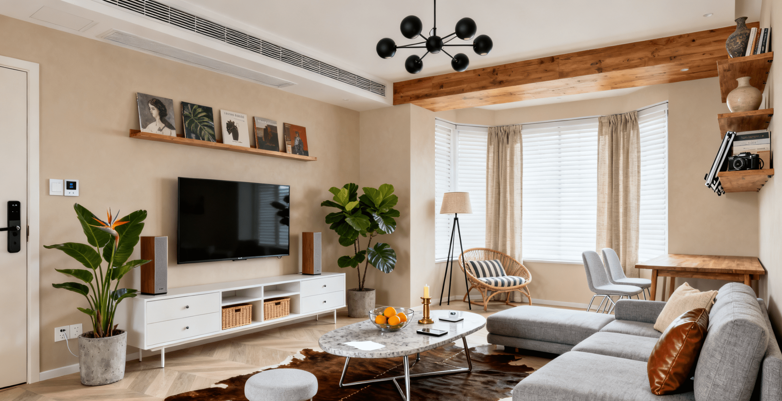 Living room with a faux cowhide rugs under a coffee table, mid-century modern furniture, natural light, styled like an influencer feed